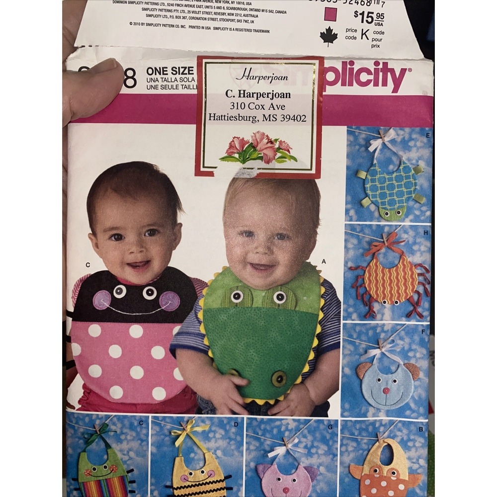 Simplicity 2468 Baby Bibs Sewing Pattern Ladybug Crab Turtle Bear Uncut OS